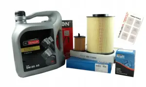 Zestaw filtrów i oleju Motorcraft 5W-30 A5 do Ford Focus MK2 1.6 TDCI. W zestawie filtry powietrza, oleju, paliwa i kabinowy.