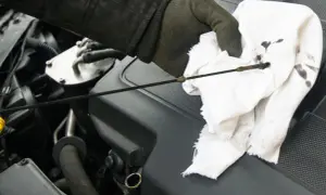 Sprawdzanie poziomu oleju w silniku fiat stilo 1.9 jtd. Ręka w rękawiczce wyciera bagnet.