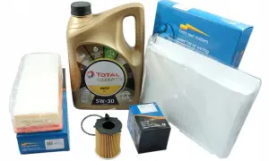 Zestaw filtrów i oleju Total Quartz 5W-30 do Peugeot 307 1.6 HDI. Komplet zawiera filtry powietrza, oleju, kabinowy oraz olej silnikowy.