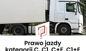 Biała ciężarówka z naczepą. Logo i tekst: Prawo jazdy kategorii C, C1, C+E, C1+E.