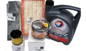 Zestaw filtrów i oleju Total Quartz 5W-30 do Peugeot 307 2.0 HDi. W zestawie filtry powietrza, kabinowy, oleju i olej silnikowy.