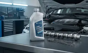 Olej BMW Twin Power Turbo 5W-30, wałek rozrządu i łańcuch rozrządu na stole warsztatowym.