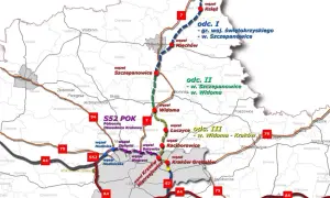 Mapa przedstawia przebieg drogi ekspresowej S7 i S52 w okolicach Krakowa. Widoczne są węzły i odcinki budowy.