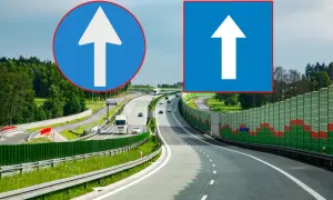 Dwa znaki drogowe informują o ruchu jednokierunkowym na autostradzie.