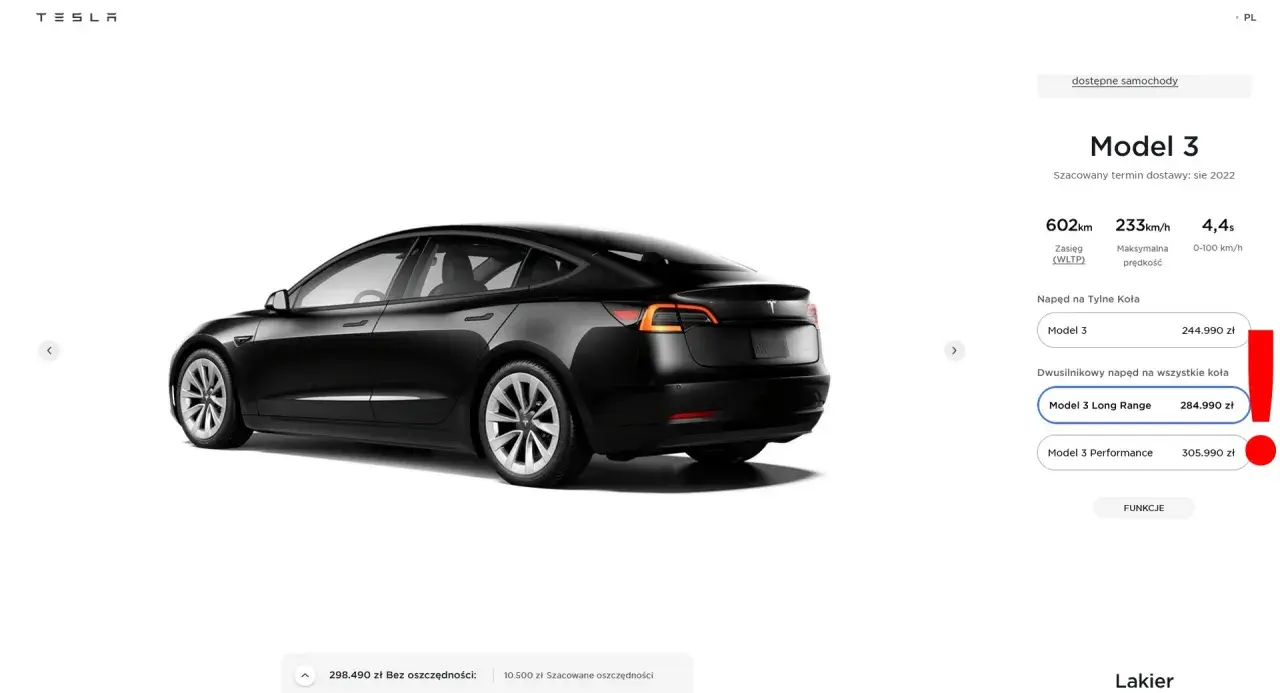 Czarny Tesla Model 3 Long Range, dwusilnikowy napęd, cena 284.990 zł. Szacowane oszczędności 10.500 zł.