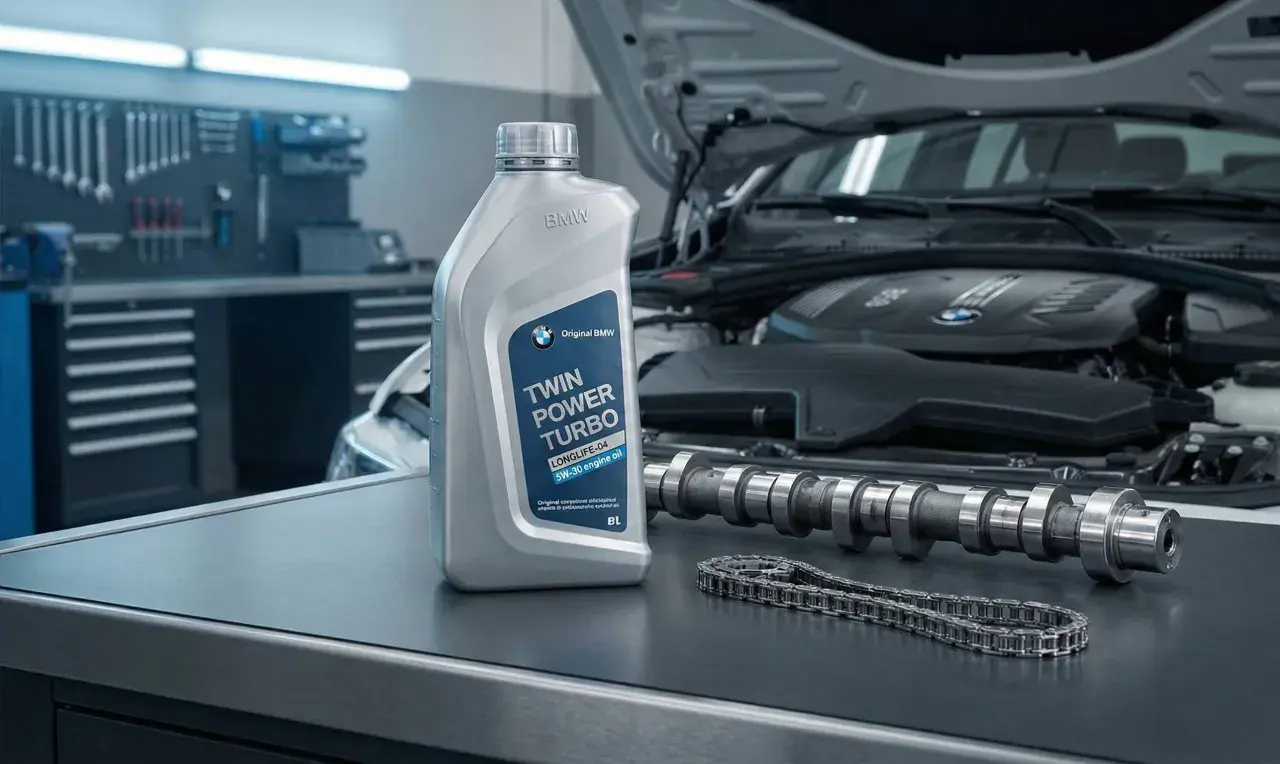 Olej BMW Twin Power Turbo 5W-30, wałek rozrządu i łańcuch rozrządu na stole warsztatowym.