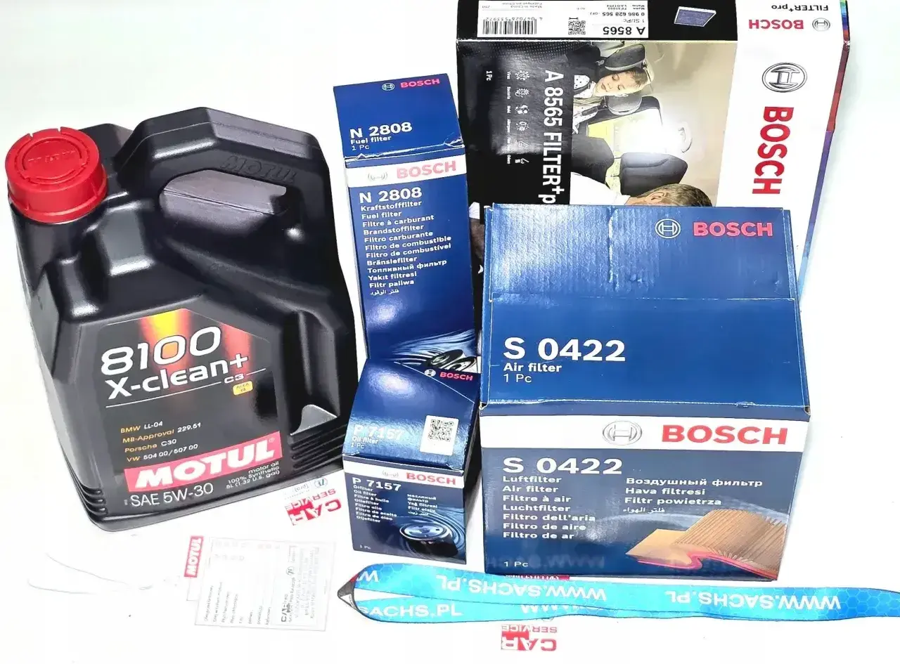 Olej Motul 8100 X-clean+ i filtry Bosch (paliwa, oleju, powietrza) do BMW X5 M50d.
