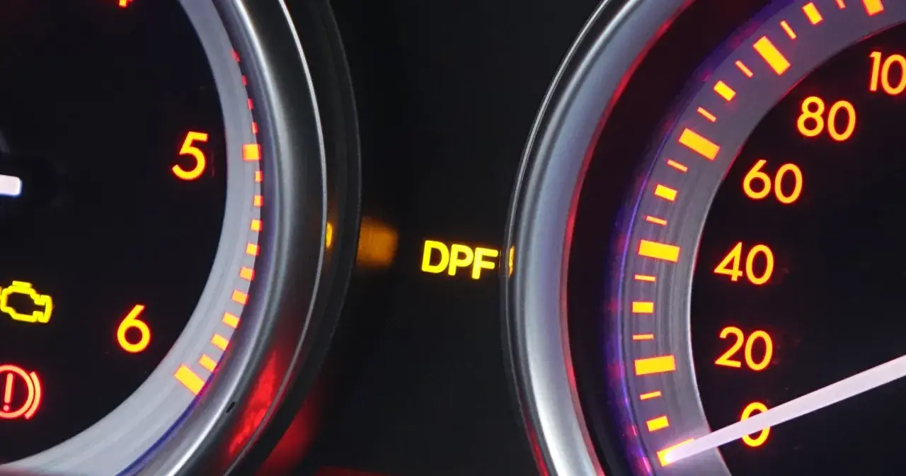 Świecąca żółta kontrolka DPF na desce rozdzielczej samochodu.