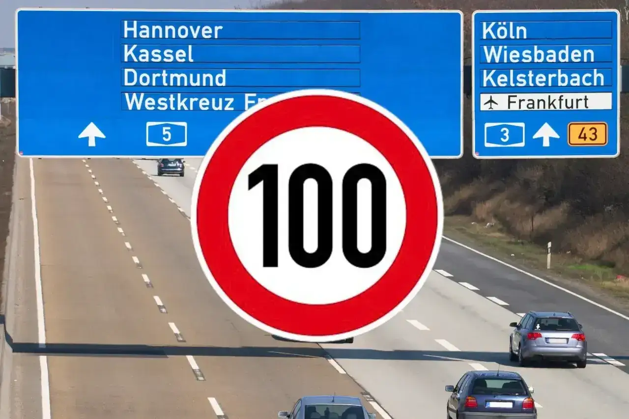 Autostrady w Niemczech z tablicami kierunkowymi do Hanoweru, Kolonii i Frankfurtu. Ograniczenie prędkości do 100 km/h.