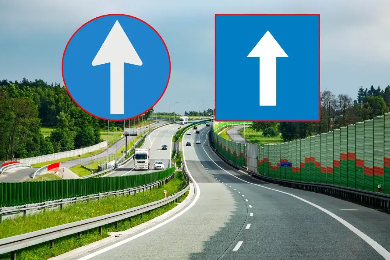 Dwa znaki drogowe informują o ruchu jednokierunkowym na autostradzie.