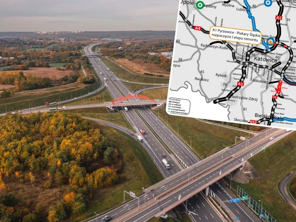 Jesienna panorama z drogą krajową 91 i węzłem autostradowym. Na mapie zaznaczono remont A1 Pyrzowice - Piekary Śląskie.