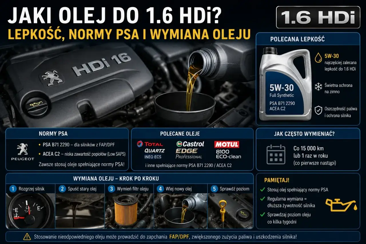 Olej 5W-30 do silnika 1.6 HDi, z normami PSA B71 2290 i ACEA C2. Zapewnia ochronę na zimno i oszczędność paliwa.