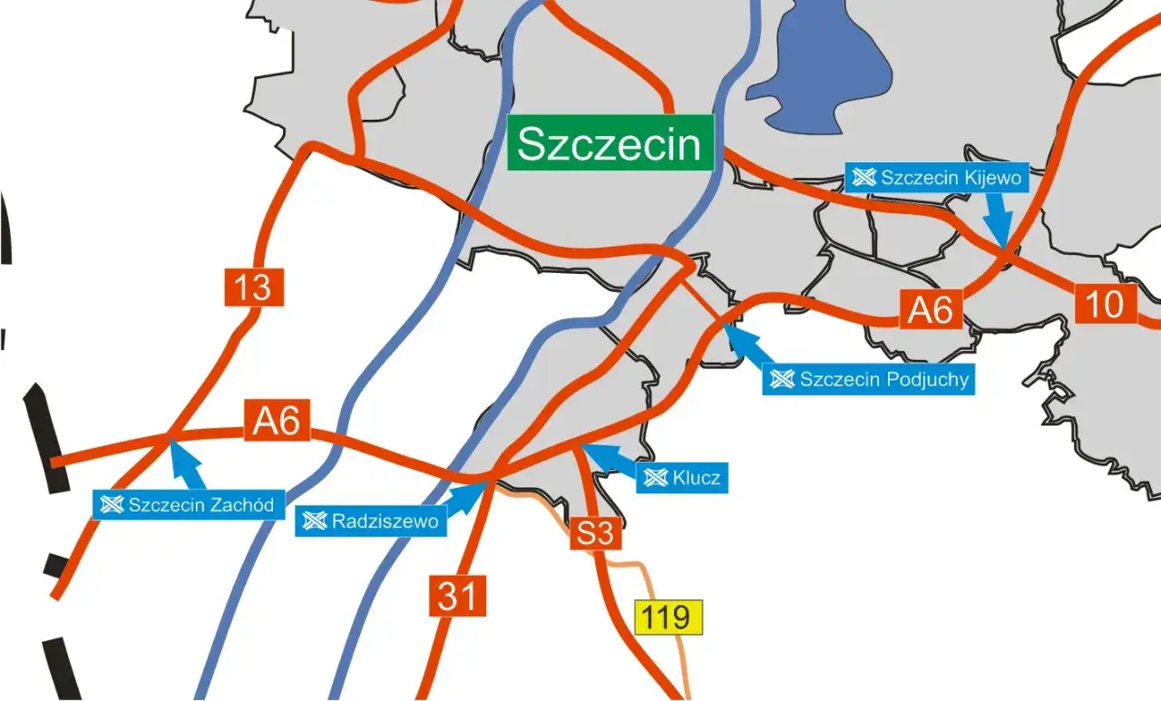 Mapa drogowa z zaznaczoną autostradą A6 i drogami S3, 10, 13, 31, 119. Widoczne są węzły: Szczecin Zachód, Radziszewo, Klucz, Szczecin Podjuchy, Szczecin Kijewo.