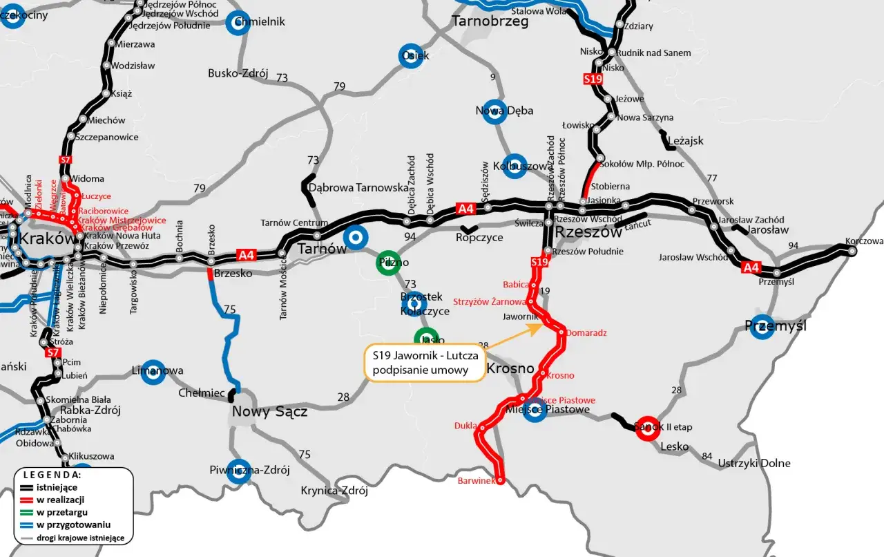 Mapa pokazuje przebieg drogi ekspresowej S19 od Rzeszowa przez Krosno do Barwinka, z zaznaczonymi odcinkami w realizacji.