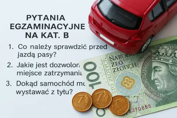 Pytania egzaminacyjne na kat. B, czerwony samochodzik, banknot 100 zł i monety. Zastanawiasz się, prawo jazdy ile kosztuje?