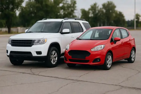 Czerwony hatchback obok białego SUV-a. Zastanawiasz się, hatchback co to? To praktyczne auto miejskie.