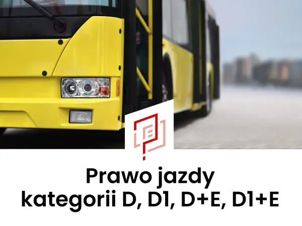 Żółty autobus i napis "Prawo jazdy kategorii D, D1, D+E, D1+E".
