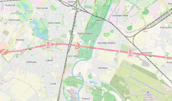 Mapa okolic Poznania z zaznaczoną autostradą A2, gdzie znajduje się odcinkowy pomiar prędkości.